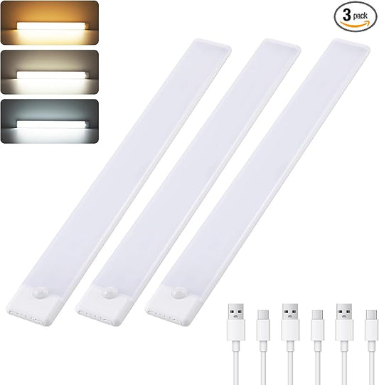 Wireless Under Cabinet Lighting 12 Inch 3 Pack, 1500mAh Magnetic Motion Sensor Light USB C Rechargeable Closet Lights, 3 Color Dimmable LED Night Light Stick on Under Counter Lights for Kitchen Stairs