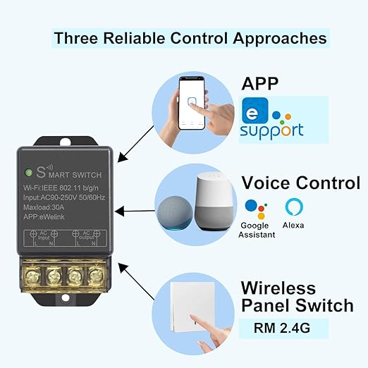 30A Hight Power WiFi Smart Switch Relay, use Ewelink APP Remote with Timer, with 2.4Ghz Wireless Transmitter, Compatible with Alexa & Google Home
