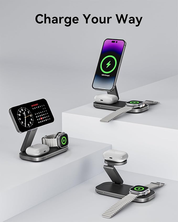 3-in-1 Charging Station for Apple Device, Qi2 25W Certified Magnetic Wireless Foldable Fast Charger Stand Compatible with MagSafe for iPhone 17e/17/16/15/14/13/12/Air Series, Apple Watch & AirPods