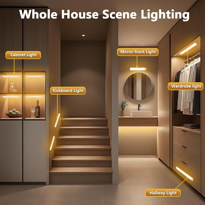 10inch Under Cabinet Lighting, 68 LED 3 Color Rechargeable Motion Sensor Light Indoor, 6 Levels Dimmable Magnetic Closet Lights, Wireless Under Counter Lights for Kitchen, Stairs, Bedroom, 4-Pack