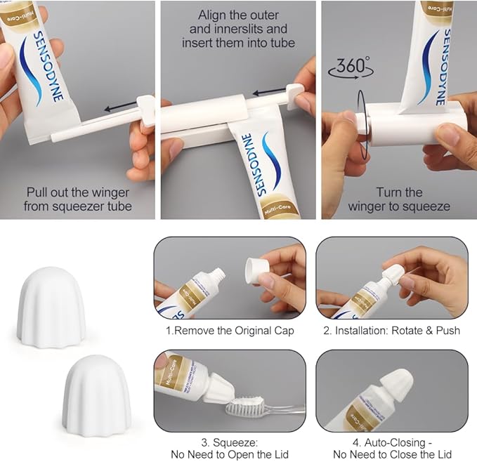 Set of 4 Toothpaste Squeezer Rollers Magnetic wall-Mounted, Comes with 2 Silcone Toothpaste Cap for Tube Cosmetics, Tube Ketchup etc Dispenser, Simple and Practical, Kid Friendly