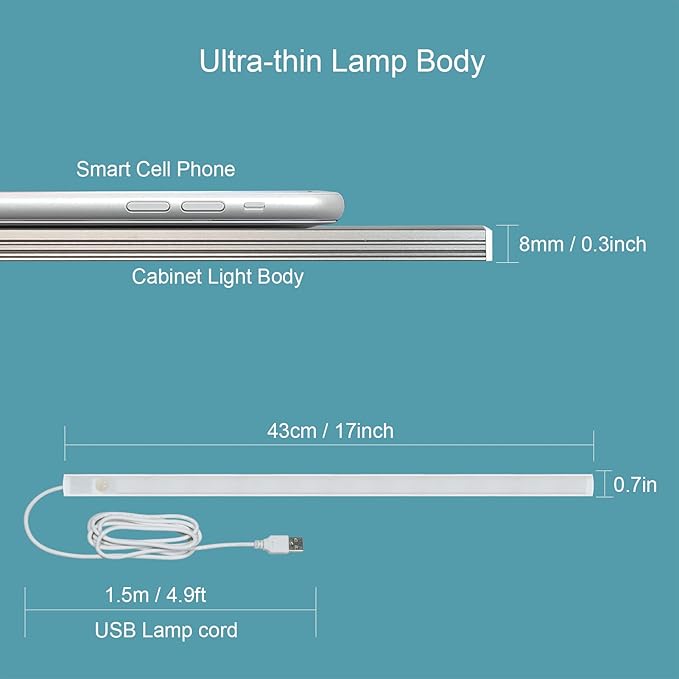 LED Motion Sensor Under Cabinet Lighting,17 inch USB Plug in LED Closet Light Bar, Under Counter Lights Night Light for Kitchen,Wardrobe,Closet,Cabinet,Cupboard,Cool White (6000K)