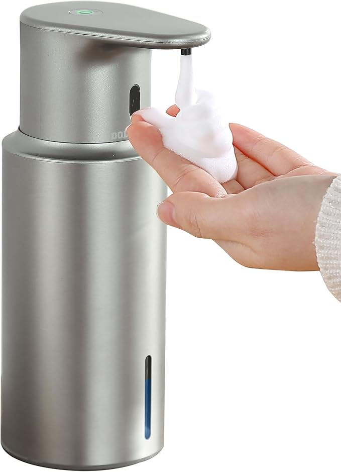 Automatic Foaming Soap Dispenser Touchless, 304 Stainless Steel Bottle Body &16.2oz/480ml Rechargeable, 3 Adjustable Liquid Levels, IPX7 Waterproof, for Kitchen Bathroom, Stainless Steel