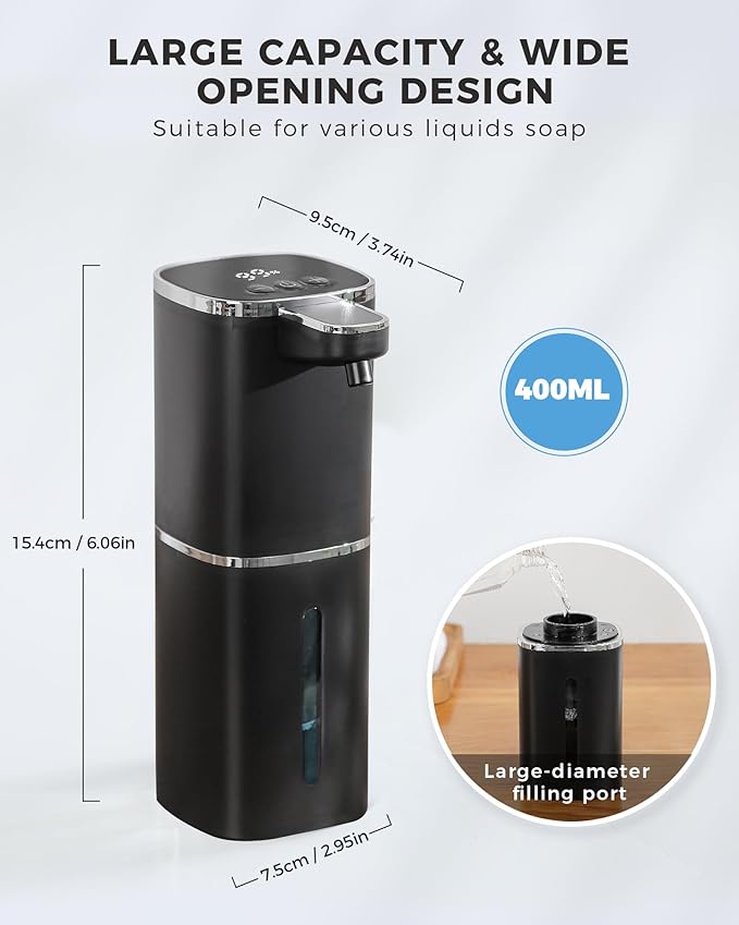 2 Pack Automatic Foaming Soap Dispenser, 13.5oz/400mL, USB Rechargeable,9- Adjustable Foam Levels, IPX5 Waterproof, Touchless & Wall/Tabletop Use for Kitchen Bathroom, Black