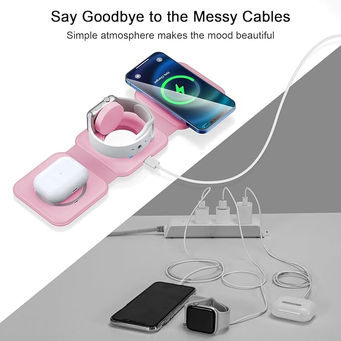 Wireless Charger 3 in 1,RTOPS Magnetic Traval Wireless Charging Station Multiple Devices,GaN 3 in 1 Charging Station,Compatible iphone17/16/15/14/13/Pro/Max,iWatch,AirPods4/3/2/Pro(Adapter Includes)