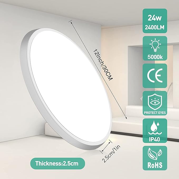 Motion Sensor Ceiling Light Wired - 12 Inch Motion Activated Flush Mount Lighting Fixture - 24W LED Ceiling Light for Closet, Hallway, Porch, Laundry, Garage, Basements - 5000K White