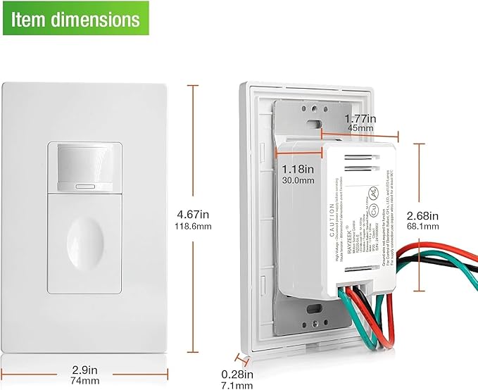 RAYZEEK Motion Sensor Light Switch, No Neutral Wire Required, No Ground Wire Needed,5A,Single Pole, Occupancy&Vacancy&Manual On/Off Override Motion Sensor Activated Wall Switch,PC Fireproof