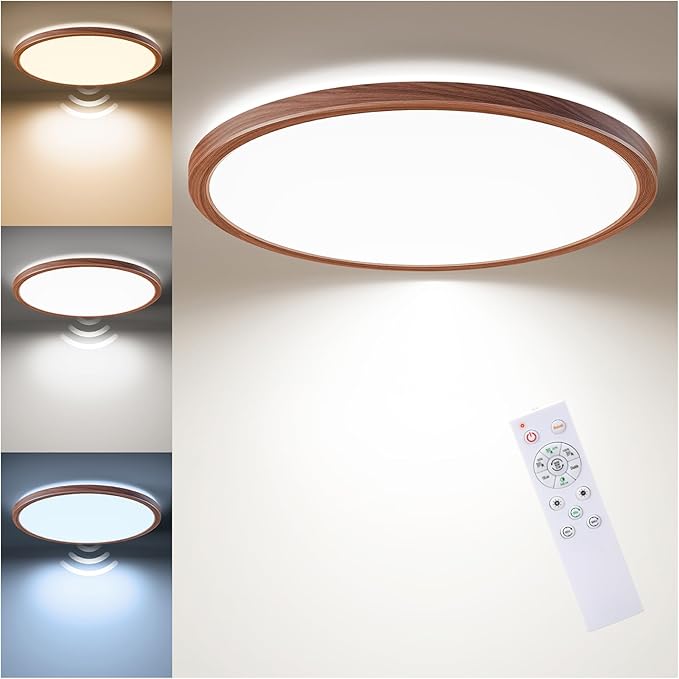 Matane Motion Sensor LED Ceiling Light with Remote, 12 Inch Wired Flush Mount Light 3000K 4000K 5000K, 2400LM Dimmable Motion Sensor Light Indoor for Closet Hallway Laundry Stairs Walnut Wood Grain