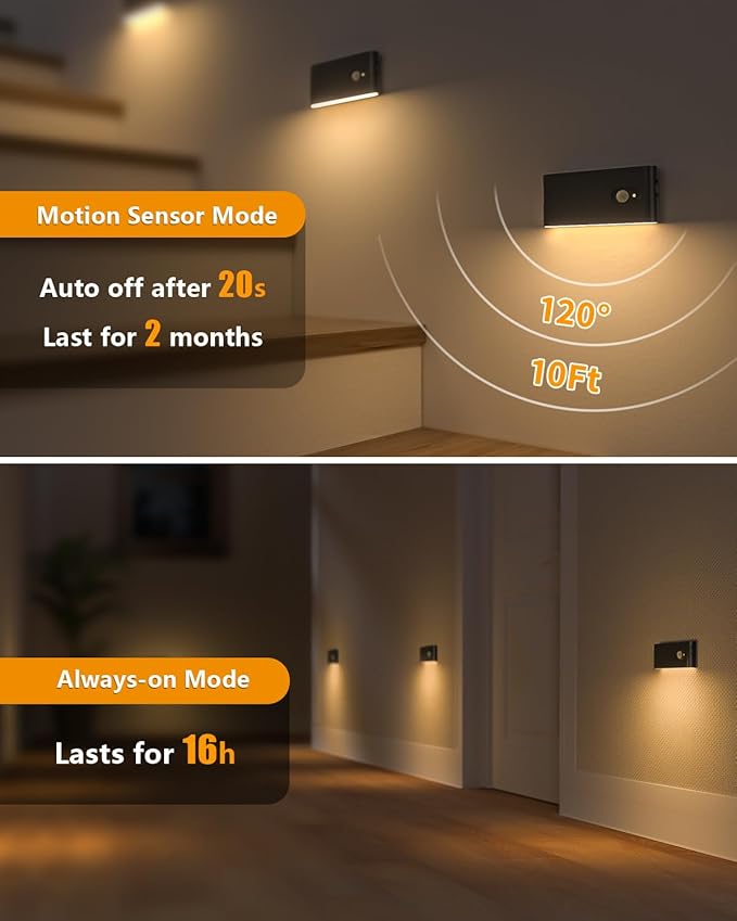 WILLED Stair Lights Indoor, Warm White Rechargeable Night Light, Wireless Motion Sensor Light Indoor for Stairs, Hallway, Stairway, Bathroom, Bedroom, Kitchen, 10 Pack