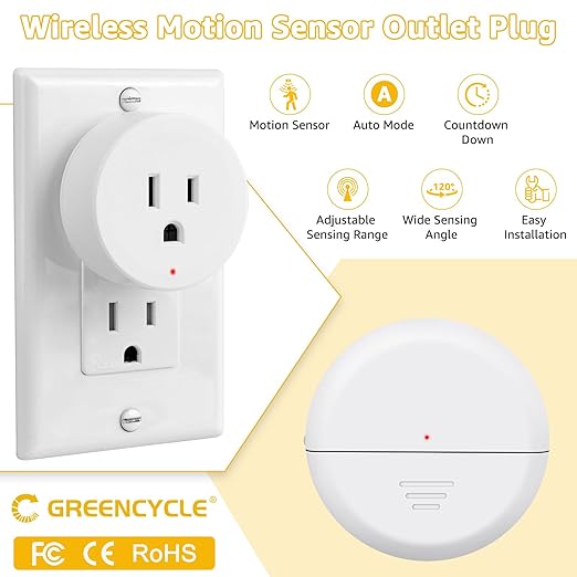 Motion Sensor Plug,Greencycle Wireless Motion Sensor Outlet with Timer Setting,PIR Sensor Plug to Auto Turn On/Off,Adjustable Detection Range,15A/1500W for Christmas Lights,Fans,Household Appliances