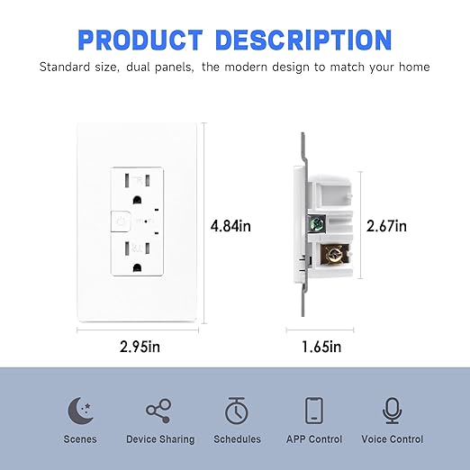 Smart Wall Outlet, 2 Individually Controlled Ports, 15Amp TR Receptacle Compatible with Alexa and Google Assistant, 2.4 GHz WiFi Outlet, Remote Control, White, ETL & FCC Approval