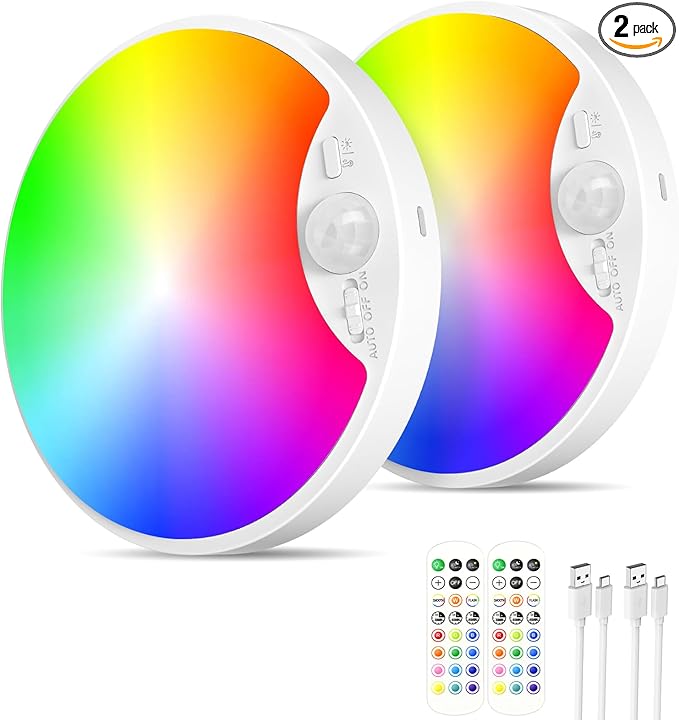 2-Pack 10000mAh RGB Rechargeable Motion Sensor Ceiling Light with Remote, Battery Operated Closet Light No Wiring, Magnetic Wireless LED Ceiling Lights,3 Color Indoor Overhead Lamp for Shower Hallway