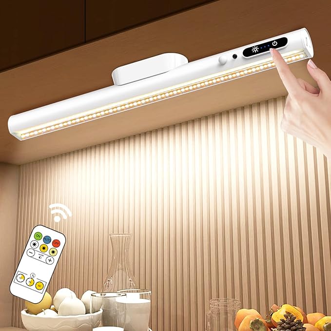 Hapfish Motion Sensor LED Light Bar Indoor, Rechargeable Under Cabinet Lighting Wireless, Magnetic Battery Powered Operated Wall Strip Lights with Remote Control for Desk Mirror Closet – White