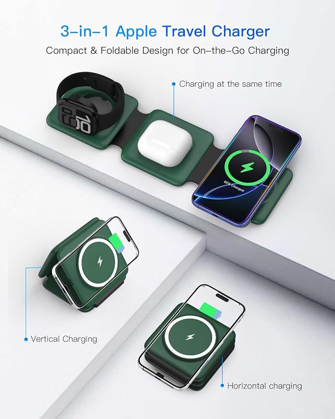 Iseyyox 3 in 1 Wireless Charger for iPhone - Foldable Charging Station Travel Charging Dock Compatible with iPhone 17 16 15 14 13 12 Pro Max Plus Watch & Airpods