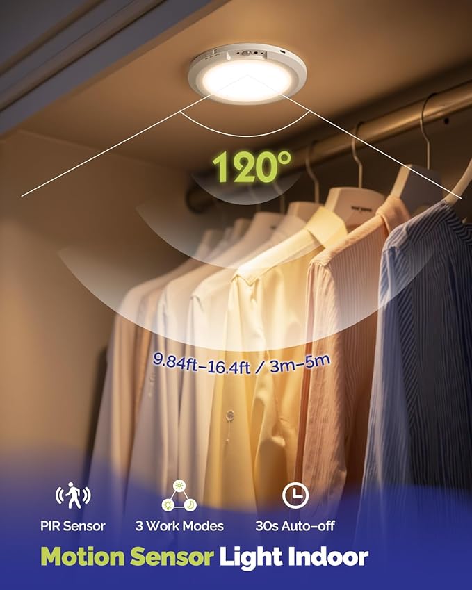 4PCs 10,000mAh Rechargeable Ceiling Light with Remote, Wireless Waterproof Shower Lights 3000K/4000K/6000K, Battery Powered Light for Closet Battery Operated, Motion Sensor Lights No Wiring