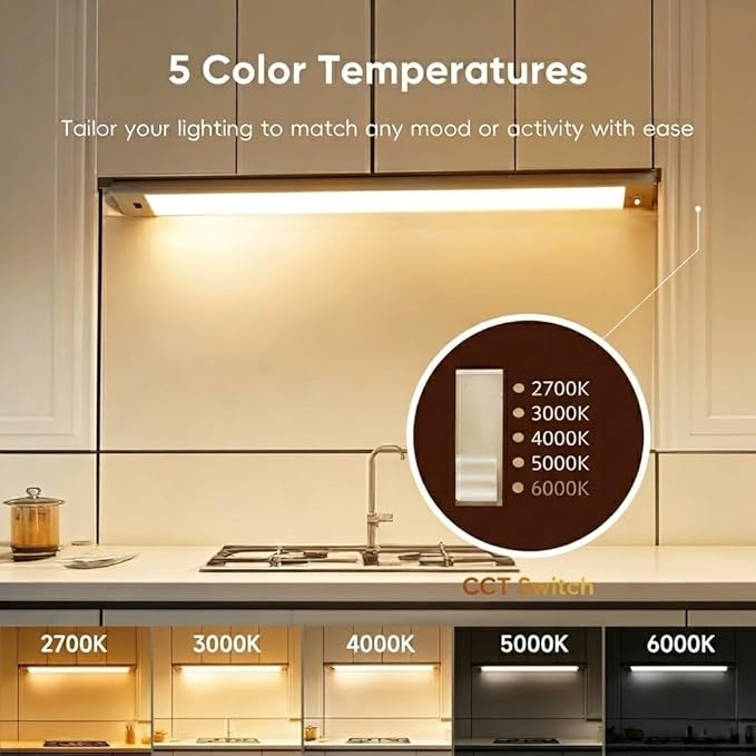 24 Inch Under Cabinet Lights Plug in 2 Pack, Hand Wave Activated, Linkable Under Cabinet Lighting with 5 CCT - 2700K-6000K & Stepless Dimmable, Under Counter Light for Kitchen, 600 Lumens, 10W