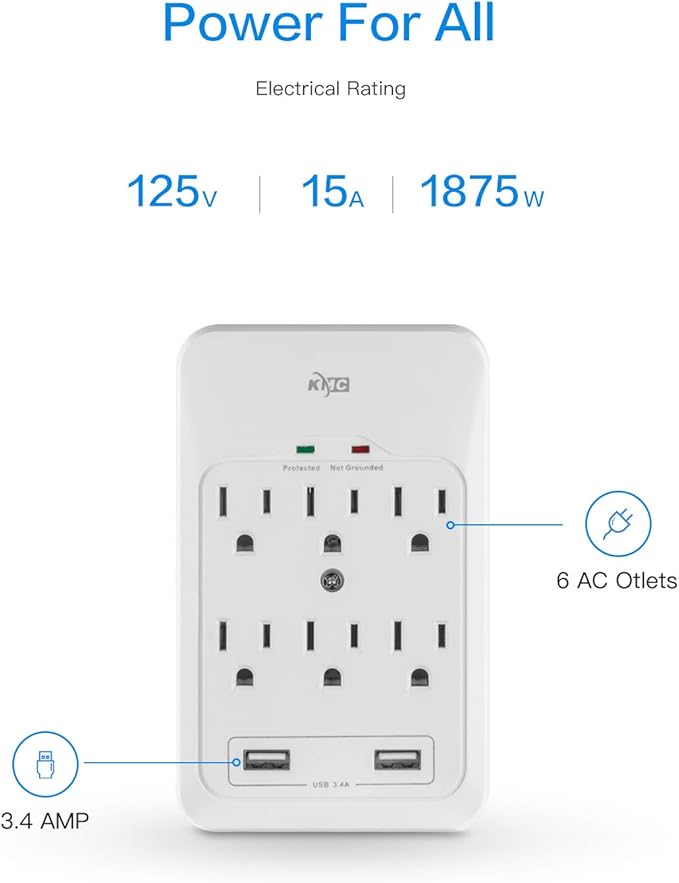 KMC 6-Outlet Surge Tap, 2 USB Ports (3.4A), 980 Joules Surge Protector, White