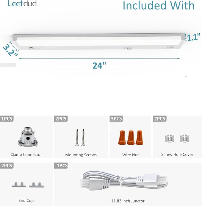 Leetdud LED Under Cabinet Lighting Motion Sensored Hardwired with Built-in Dimmer, 24 Inch 12W Dimmable 5 Color 2700/3000/3500/4000/5000K, Linkable Eyes Care for Kitchen, Counter, ETL Listed, White