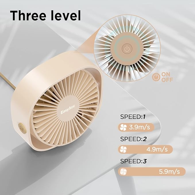 EasyAcc USB Small Desk Fan, Slumber Pod Fan [360°Rotatable &Powerful] 3 Speeds Portable Personal Table Travel Fan for Desk Cruise Ship Dorm Bedroom Office (No Battery)