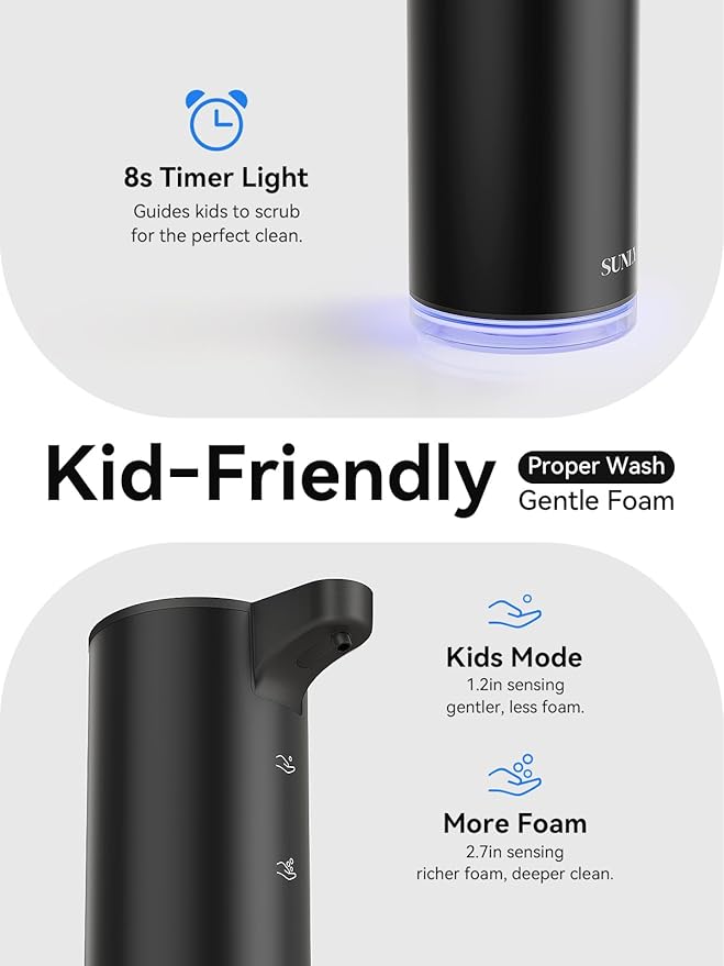 SUNLY Automatic Foam Soap Dispenser, 0.2s Fast Sensor, USB-C Rechargeable, Smudge-Resistant Stainless Steel, Touchless Liquid & Foaming Soap Dispenser for Bathroom, Kitchen, Hotel, Black