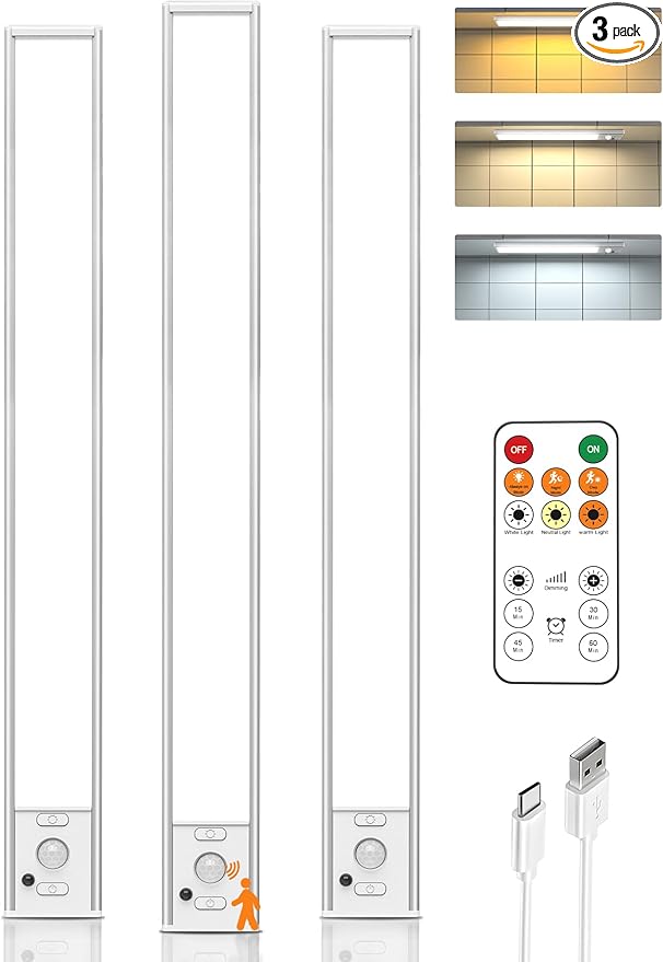 16in Under Cabinet Lighting with Remote, LED Motion Sensor Light Indoor, Rechargeable Closet Lights Wireless, Dimmable, 3 Color Temps, Magnetic Under Counter Lights for Kitchen, Pantry, Stair, 3 Pack