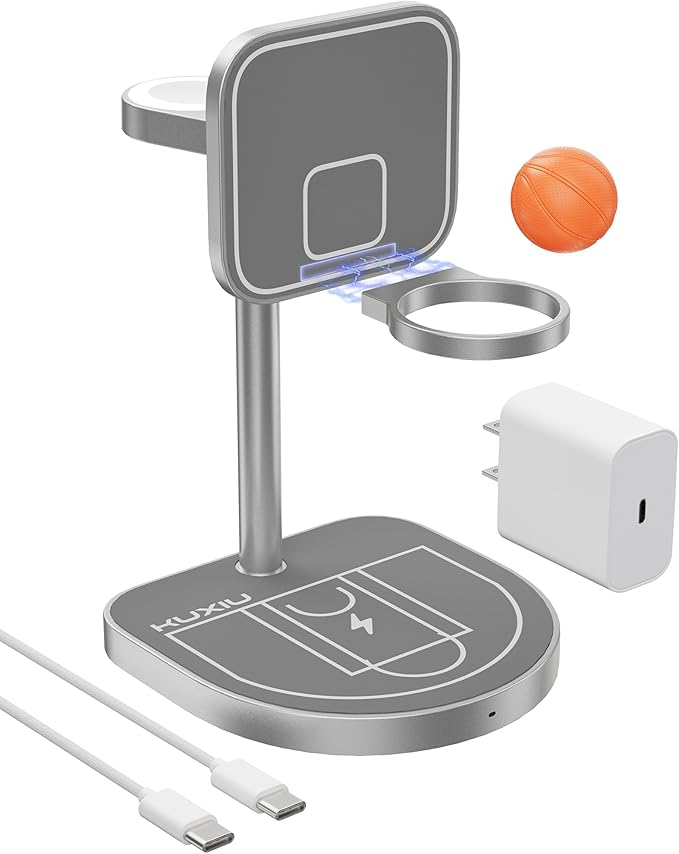 3-Point Power 3 in 1 Charging Station for Apple, KU XIU X85 Aluminum Alloy Magnetic Wireless Charger Stand with Mini Basketball & Hoop for iPhone 17/16/15/14/13/12, 5W for Apple Watch, AirPods, Gray
