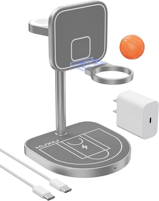3-Point Power 3 in 1 Charging Station for Apple, KU XIU X85 Aluminum Alloy Magnetic Wireless Charger Stand with Mini Basketball & Hoop for iPhone 17/16/15/14/13/12, 5W for Apple Watch, AirPods, Gray