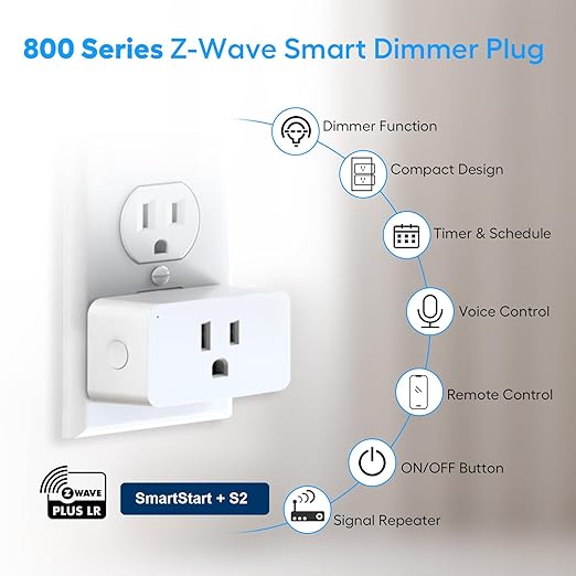 Z-Wave Dimmer Plug 800 Series Zwave Smart Plug，Dimmable Outlet Built-in Repeater Range Extender，Z-Wave Hub Required, Compatible with Smartthings, Alexa and More,FCC and ETL, 200W
