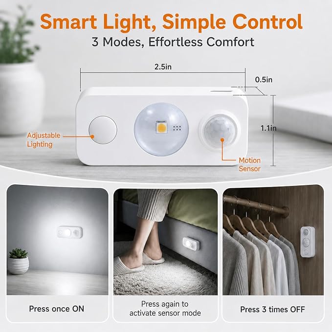LightingWill LED Motion Sensor Puck Lights, Rechargeable Under Cabinet Lights, Stick on Wireless Night Lights, Dimmable Closet Lights for Drawer, Shelf, Hallway, Stairs, Daylight White, 8 Pack