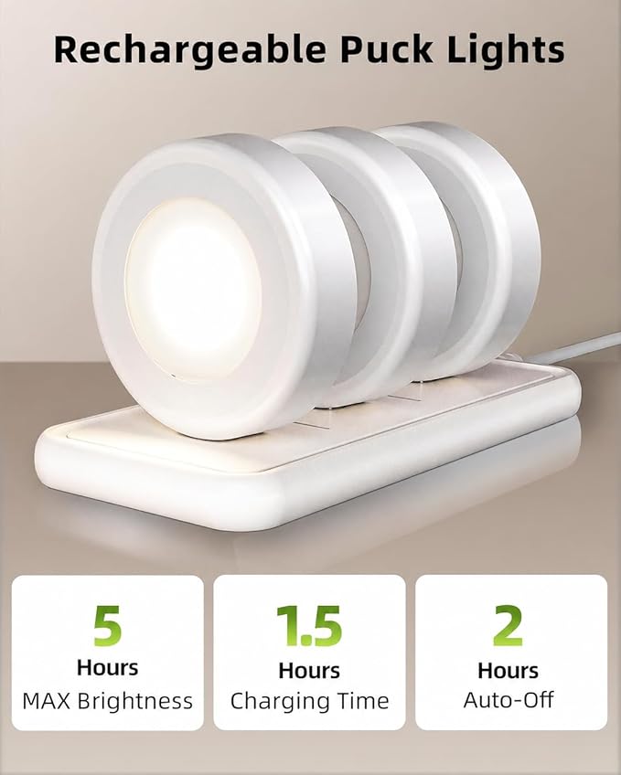 EZVALO LED Puck Lights with Charging Station, Rechargeable Stick On Tap Lights, Wireless Closet Light, 3 Color Temps, Under Cabinet Lights, 2.5'' Mini Touch Light for Kitchen,Pantry,Shelves(6 Pack)