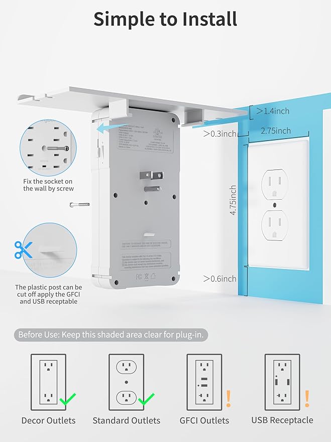 Wall Outlet Extender with Shelf and Night Light, Surge Protector with 3 USB Ports (2A+1C) and 6 AC Outlets, Multi Plug Power Strip Electric Outlet Splitter for Home and Office Use, White