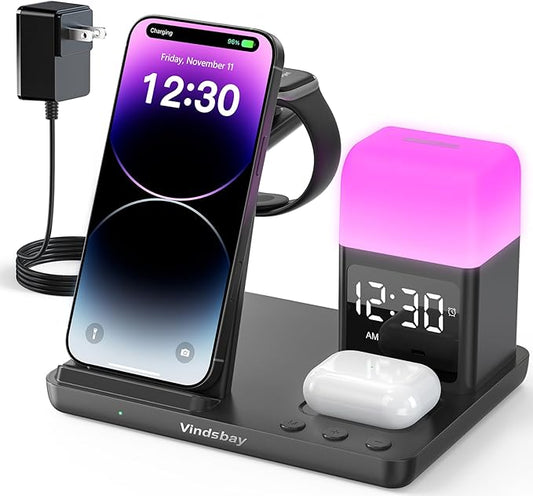 Wireless Charging Station Alarm Clock with 8 Touch Night Lights: 5 in 1 Charger Stand for Apple Devices, Charging Dock for iPhone 17 16 15 14 13 12 Pro Max Plus/Apple Watch/AirPods, Dimmable