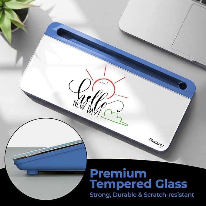 Chalkola Blue Glass Desktop Whiteboard with Storage - Dry Erase Board, Work Desk Organizers, Computer Keyboard Stand, Home Office Desk Accessories, Workspace Desktop Buddy