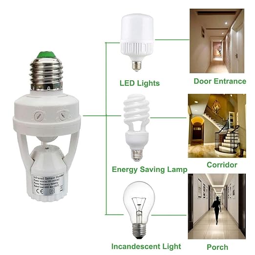 PIR Motion Sensor Light Socket,E26/E27 Smart Lamp Bulb Holder Adapter Auto On/Off Light Control Suitable for Garage Basement Porch Storage Room Indoor Use Only