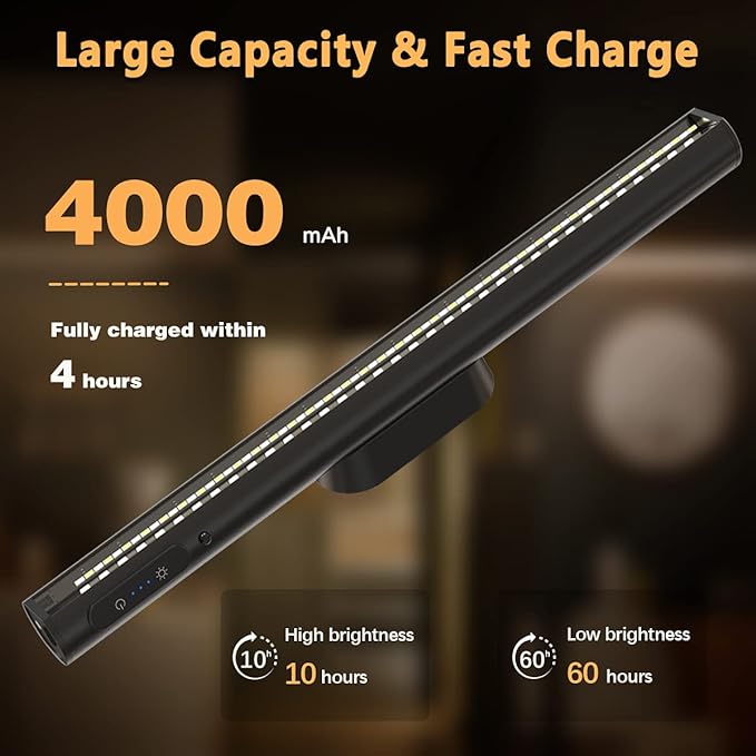 Rechargeable Magnetic LED Light Bar with Remote, Under Cabinet Lighting Wireless, Battery Powered Operated Wall Strip Lights, Dimmable Desk Lamp for Mirror Closet Picture Kitchen – Black