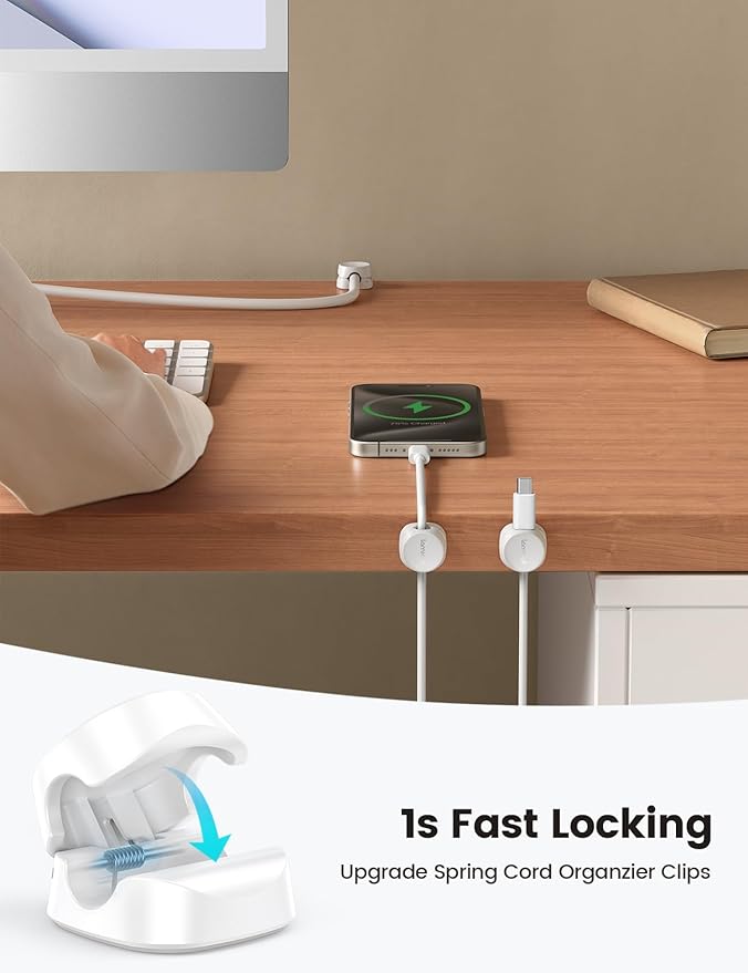 Lamicall 8 Pack Cord Organizer, [1s Lock] Spring Cable Management Clips - Adhesive Phone Cord Holder Clips for Nightstand Desk Car Office Home College Dorm Room, Desk Organizer Accessories, White