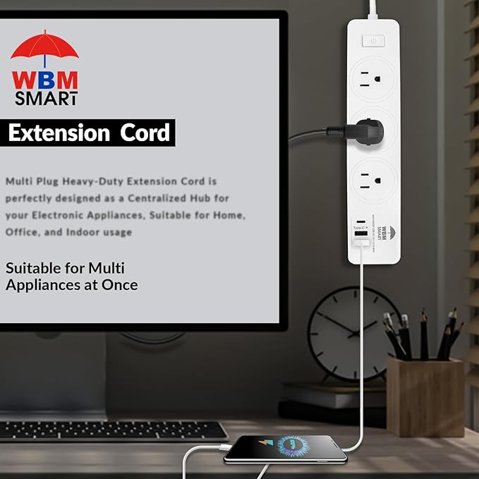 WBM Smart Power Strip 5.9 ft 10 A, Extention Cord Socket with 2 USB Ports and 1 Type C Plug, ETL Certified, Multi Outlet Extender for Home, Office, and Dorm Room