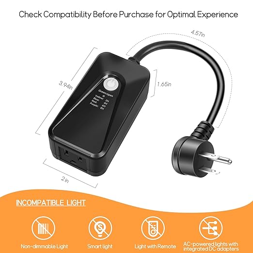GMY Outdoor Dimmer for String Lights, Remote Dimmer Switch with Timer, Dimmer Plug Compatible with Dimmable LED/Tungsten Bulbs，IP44，100FT Range, Max Power 400W, FCC