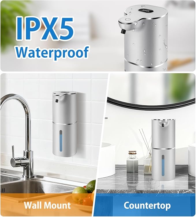 Automatic Foaming Soap Dispenser with Digital Display, 6-Level Foam Adjustable, Rechargeable, 12.8oz/ 380ml Wall Mounted Touchless Hands Free Auto Dispenser for Kitchen, Bathroom, Hotel, Restaurant