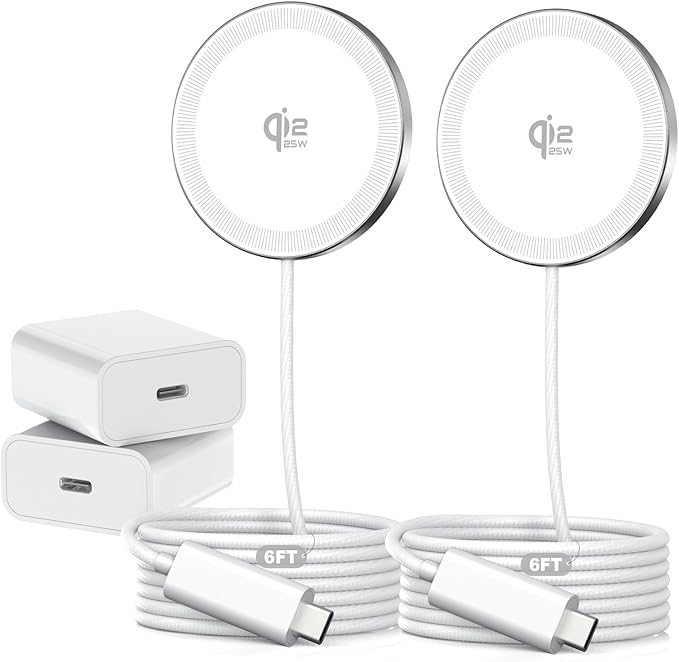2Pack Magnetic Wireless Charger 25W Fast Charger for iPhone 17/16/15/14/13/12 Series & AirPods, Portable Wireless Charging Pad for Travel Home Office Desk, 6.6FT-White with Plugs