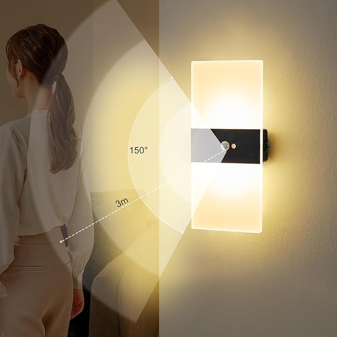 Motion Sensor Wall Light, Rechargeable LED Wall Sconce, Dimmable Magnetic Night Light, 3000K Warm White Wireless Lamp, Battery Powered Indoor Hallway Stairway Closet Bedroom, 2 Pack