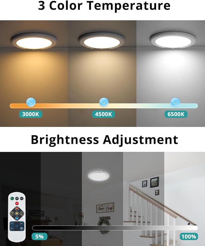 wowatt 4Pcs Battery Operated Ceiling Lights Rechargeable Motion Sensor Light Indoor Wireless Shower Light with Remote 3000K 4500K 6500K 7.48in Dimmable Timing Motion Activated Lamp for Closet Shower