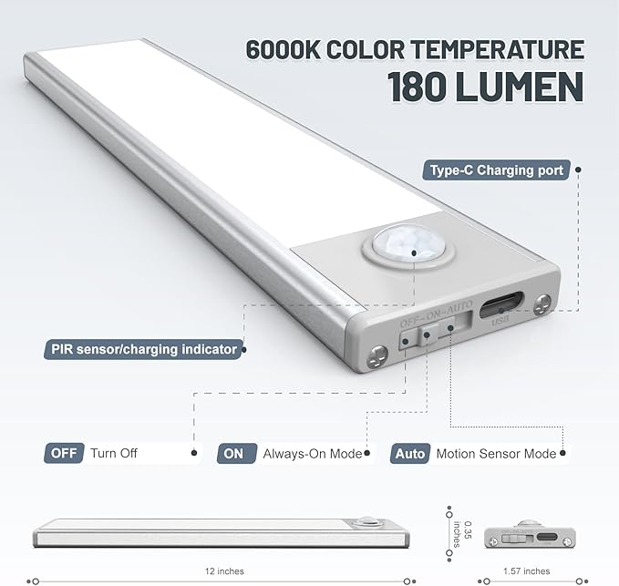 6 Pack Under Cabinet Lights Wireless, 50 LED Motion Sensor Light Indoor Rechargeable Magnetic Closet Lights Battery Operated, Under Counter Lights for Kitchen, Wardrobe, Hallway, Stairs