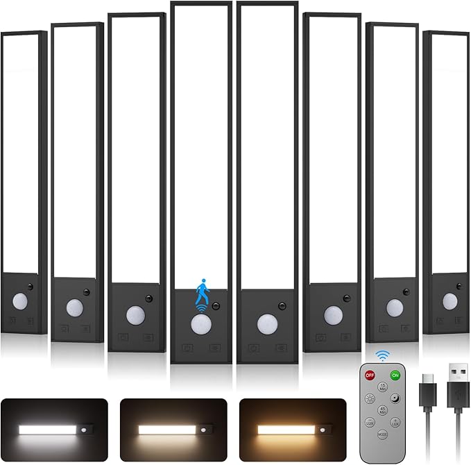 8"8 Pack Under Cabinet Lighting Wireless with Remote,56 LED Rechargeable Motion Sensor Light Indoor,3000mAh Cabinet Lighting,3 Color Modes &7 Dimmable Levels,Magnetic Under Counter Lights for Kitchen