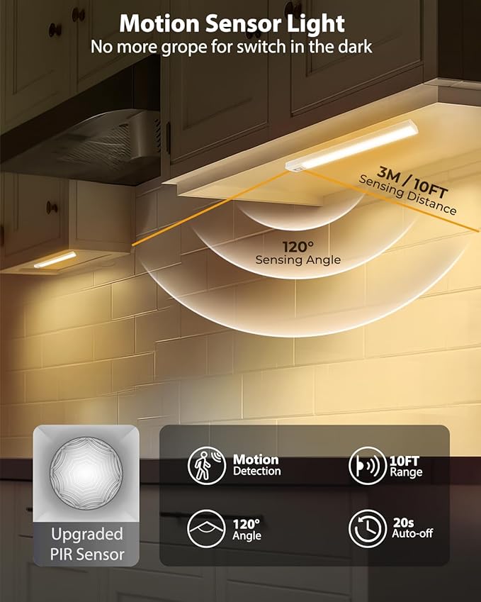 10inch Under Cabinet Lighting, 68 LED 3 Color Rechargeable Motion Sensor Light Indoor, 6 Levels Dimmable Magnetic Closet Lights, Wireless Under Counter Lights for Kitchen, Stairs, Bedroom, 4-Pack