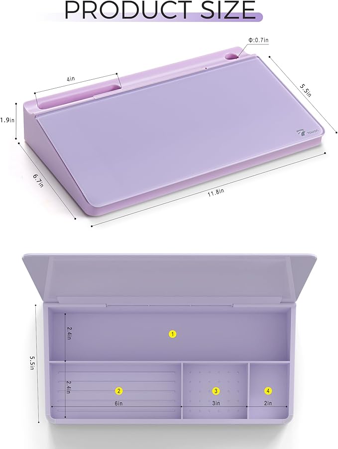 TOWON Small Compact Glass Desktop Whiteboard with Storage – 12 x 7 in Dry Erase Board for Desk, Home Office, School | Includes 5 Markers, Eraser & Holder | Space-Saving Organizer, Aesthetic Lavender