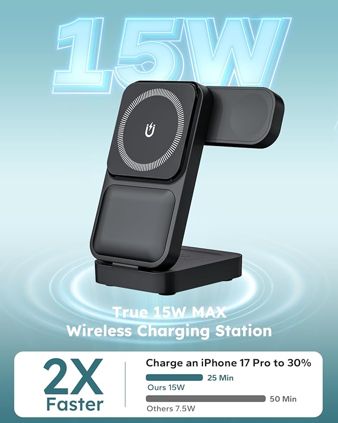 Travel Charging Station 3 in 1 for MagSafe, 15W Ultra Fast Magnetic Wireless Charger Stand for iPhone 17 16 15 Pro Max, Foldable Phone Charging Dock for Apple Watch/AirPods (with 30W Adapter)