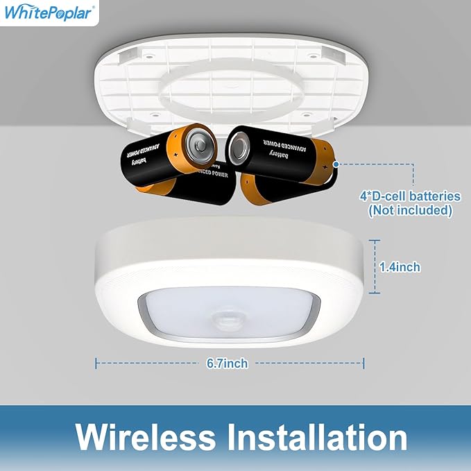 Battery Powered Motion Sensor Light Indoor with Remote, 300LM Dimmable Battery Operated Ceiling Light, 3000K&6000K Color Changeable Wireless Ceiling Light For Closets Shower Living Room Hallway Porch