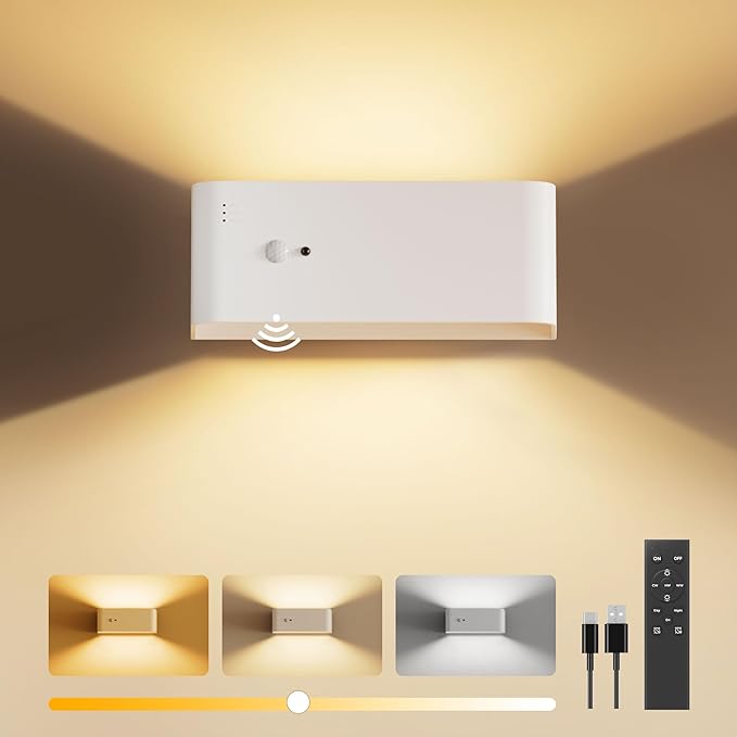 Motion Sensor Wall Sconce Indoor, 3 Colors Cordless Wall Lamp LED Wall Sconces Rechargeable Lamp, Remote Control, 8000mAh Battery Operated Wall Lights Brightness Adjustable for Bedroom White 1P