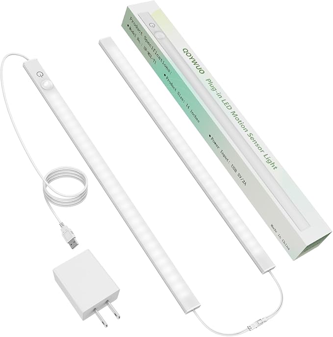 14" Slim USB Plug-in LED Motion Sensor Light Indoor, Bright & Dimmable Under Cabinet Light - 3 Modes (ON/Night/Day) for Kitchen, Cabinet, Closet - 6000K Cool White, 1 Pack (2 Linkable)